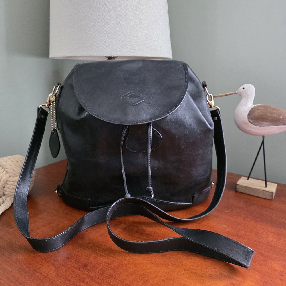 i Santi Made in Italy Black Leather Convertible Backpack Drawstring Bag